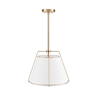 A gold pendant light with a white lampshade