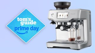 the breville barista touch espresso machine with a touch screen, grinder, and coffee recipes built-in, on a blue background with a blue diamond tom's guide badge