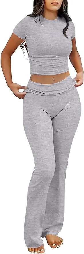 ANRABESS, Anrabess Lounge Sets for Women 2 Piece Foldover Yoga Flare Leggings Pants Crop Tops Casual Y2k Outfits Matching Tracksuit Set Grey Grey X-Small