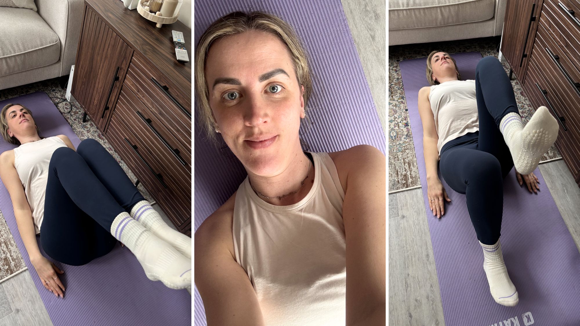 Health freelancer Rebecca Lawton trying Pilates heel taps