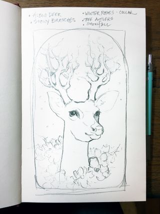 Pencil sketch of a deer surrounded by flowers