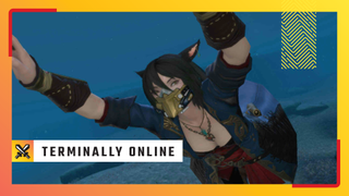 A miqo'te in Final Fantasy 14 swims through the water, prepared to play Blitzball.