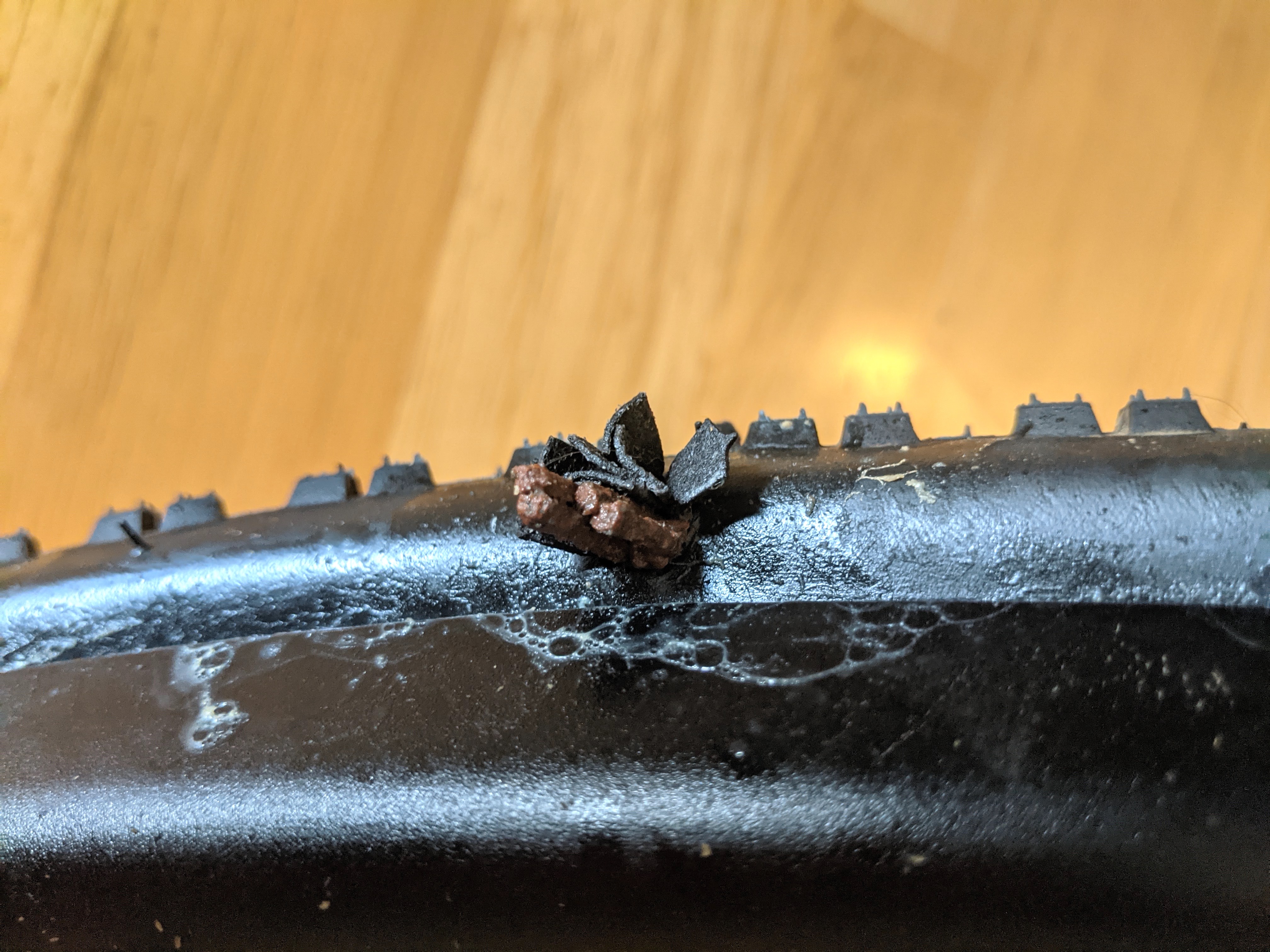 Tubeless tire puncture plugged