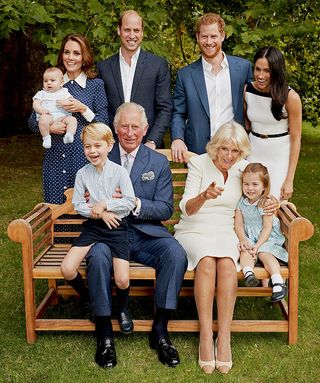 HRH Prince Charles Prince of Wales poses for an official portrait to mark his 70th Birthday in the gardens of Clarence House, with Their Royal Highnesses Camilla Duchess of Cornwall, Prince Willliam Duke of Cambridge, Catherine Duchess of Cambridge, Prince George, Princess Charlotte, Prince Louis, Prince Harry Duke of Sussex and Meghan Duchess of Sussex. (Photo by Chris Jackson / Clarence House via Getty Images)