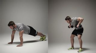 Fitness model demonstrates a press-up and bent-over row with dumbbells