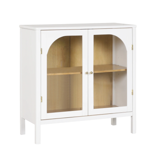 white storage cabinet with glass panels on the front