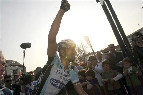 A triumphant Tom Boonen celebrates his E3 Prijs Vlaanderen-Harelbeke victory.