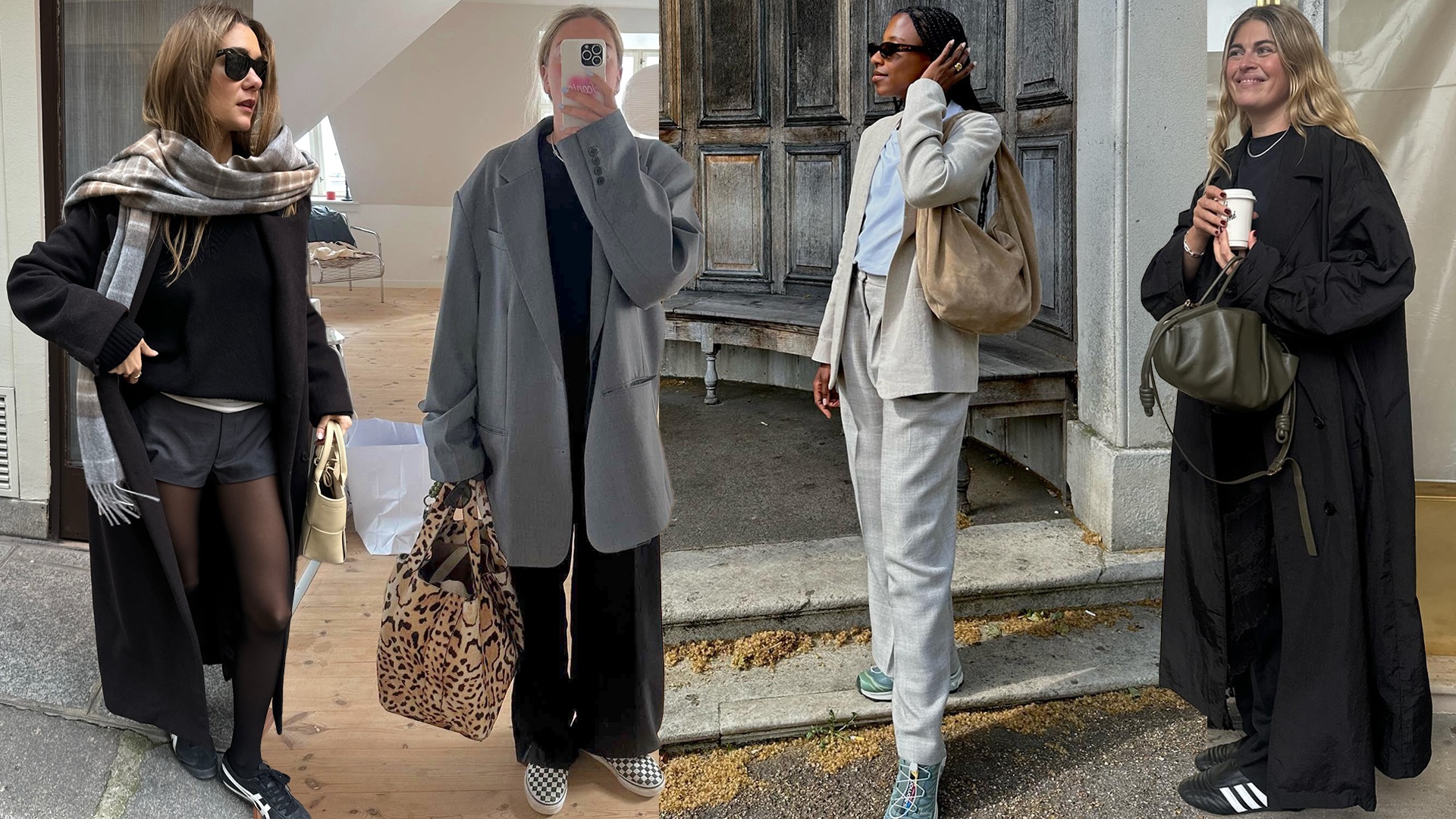 Fashion collage of style influencers Anne-Laure Mais, Sidsel Alling, and Taffy Msipa wearing outfits with cool sneakers for 2026 from Vans, Salomon, Adidas, and Onitsuka Tiger.