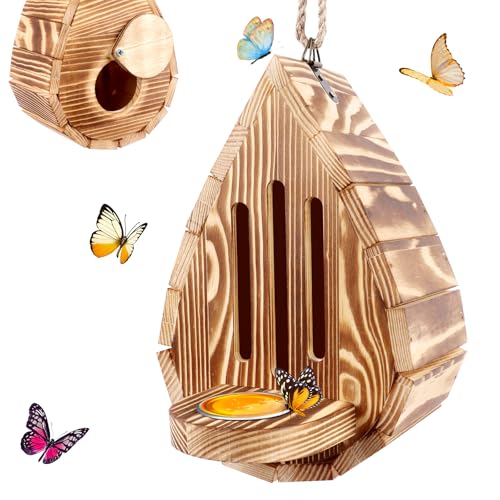 Wooden Butterfly House and Feeder, Hanging Butterfly House for Garden, Natural Butterfly Habitat With Butterfly Puddler for Outside Butterflies, Moths - Backdoor, Easy to Clean