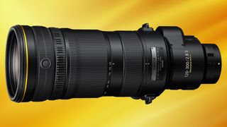 Nikon Z 120-300mm f/2.8 TC VR S telephoto lens in black in front of a yellow backroung