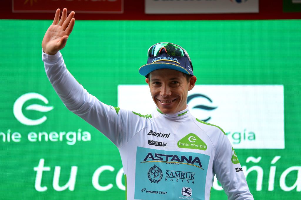 Miguel Angel Lopez (Astana) in white on the podium
