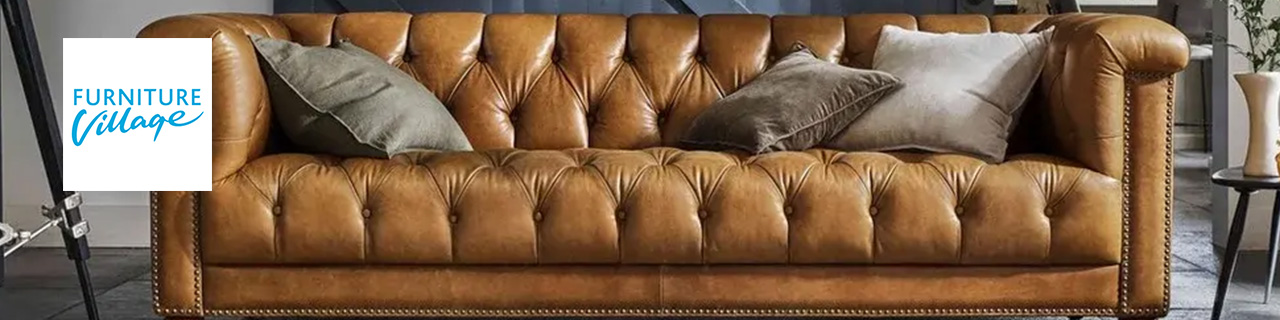 Furniture Village Logo placed over a brown leathe sofa