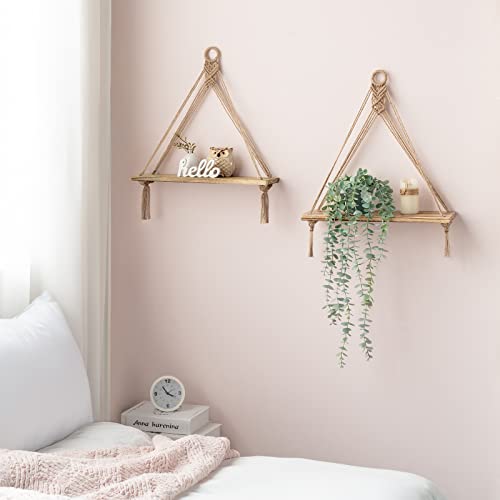Mkono Macrame Hanging Shelves Boho Wall Decor Set of 2 Rustic Wood Floating Storage Shelf for Bedroom Bathroom Living Room Nursery Dorm Room, Display Shelving for Hanging Plants Photos