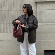 @francescasaffari wearing the Whistles clean bonded leather jacket.