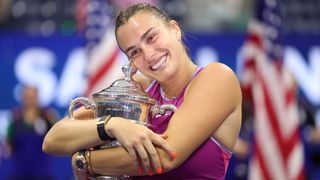 Aryna Sabalenka of Belarus celebrates with the winners trophy after defeating Jessica Pegula of the United States to win the Women's Singles Final on Day Thirteen of the 2024 US Open at USTA Billie Jean King National Tennis Center on September 07, 2024 in the Flushing neighborhood of the Queens borough of New York City.