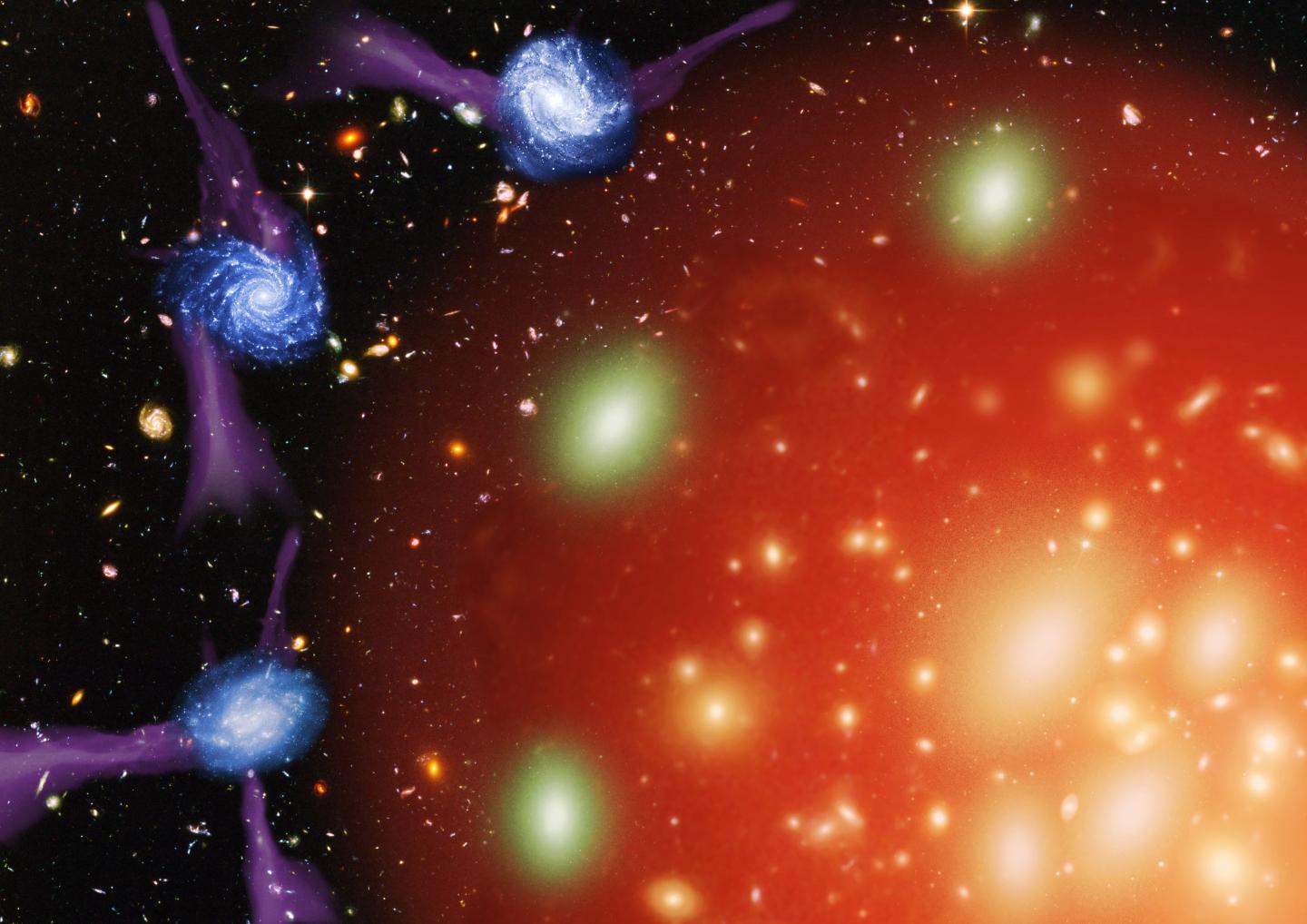 This artist&#039;s impression shows one potential &quot;strangulation&quot; method for galaxies in which star-forming galaxies accrete into a giant, hot halo which then leads to the death of those galaxies. 