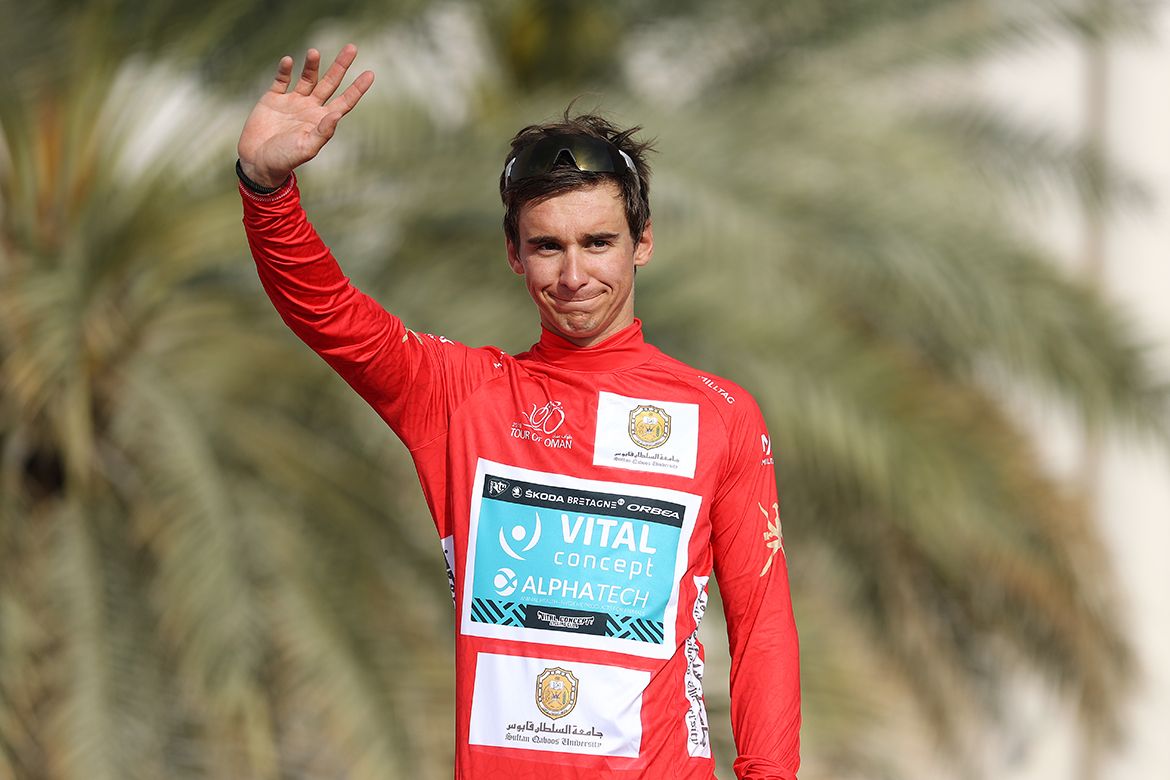 Bryan Coquard (Vital Concept) in the leader's jersey at the Tour of Oman.