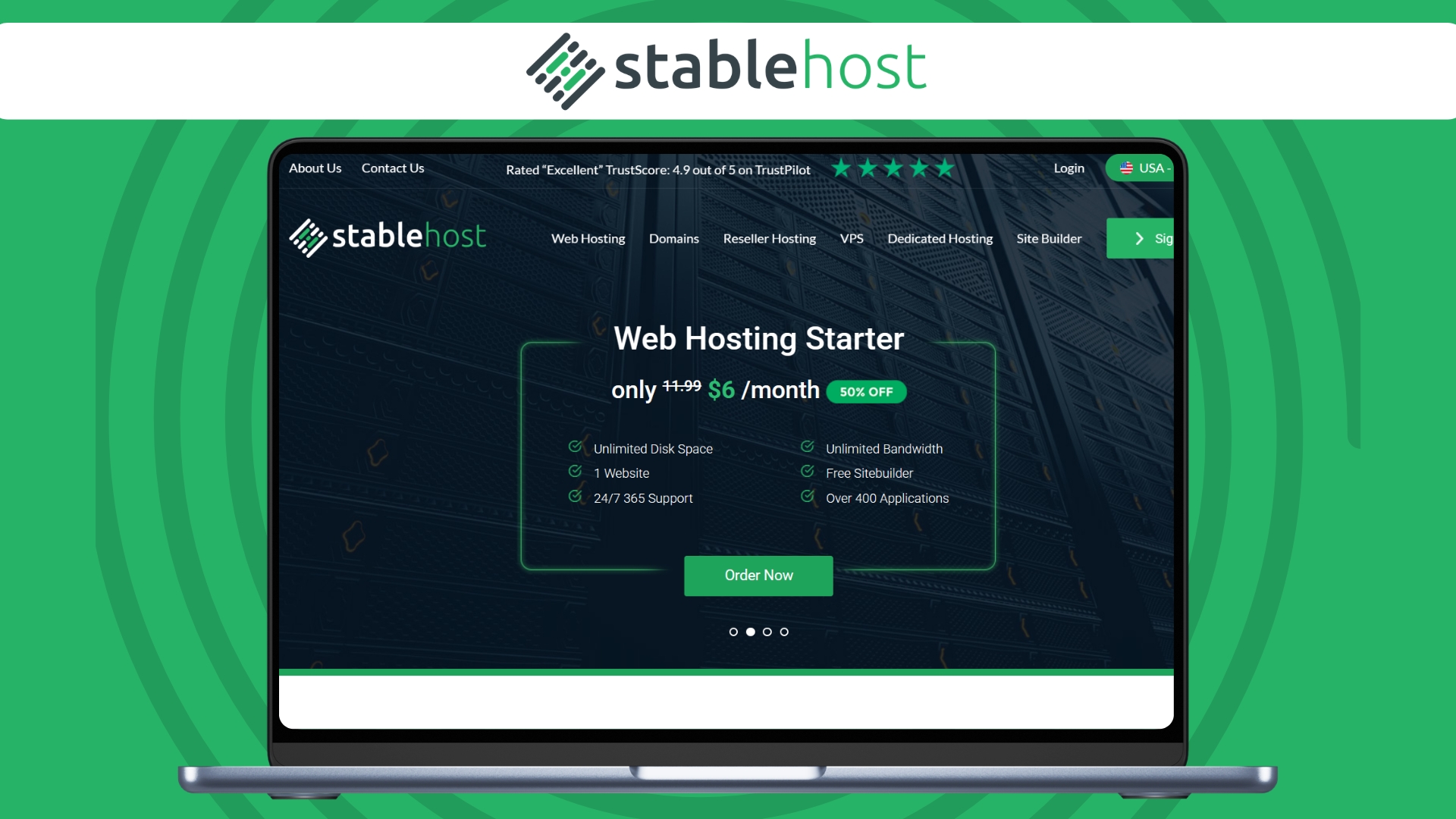 An image of the StableHost website home page on a laptop screen