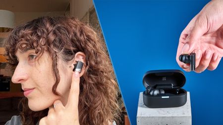 a photo of the author wearing the status audio pro x earbuds and a photo of the status audio pro x earbuds in the charging case