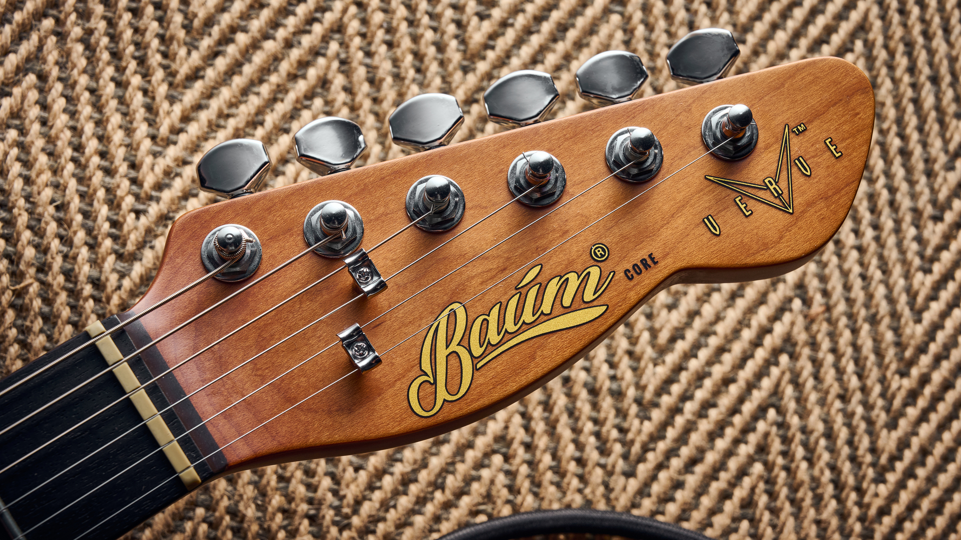 The headstock of the Baum Guitars Verve electric guitar