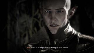 Dragon Age: The Veilguard screenshot of Solas talking about Varric being practiced at shading the truth