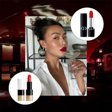 A collage of lipstick tubes surrounding a woman wearing red lipstick.