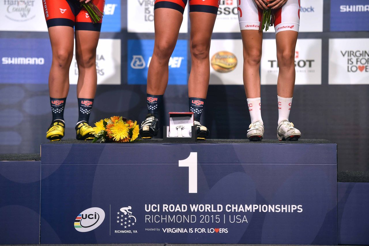 The junior women's road race podium in Richmond: Emma White, Chloe Dygert (USA) and Agnieszka Skalniak (Poland)
