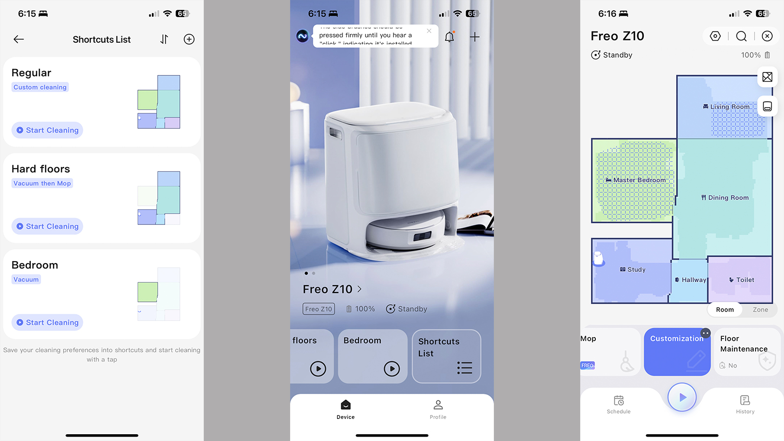 Screenshots from the Narwal Freo app