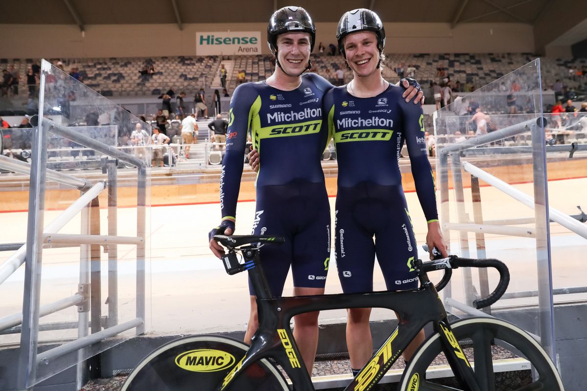 Rohan Wight and Alex Porter after winning the madison title