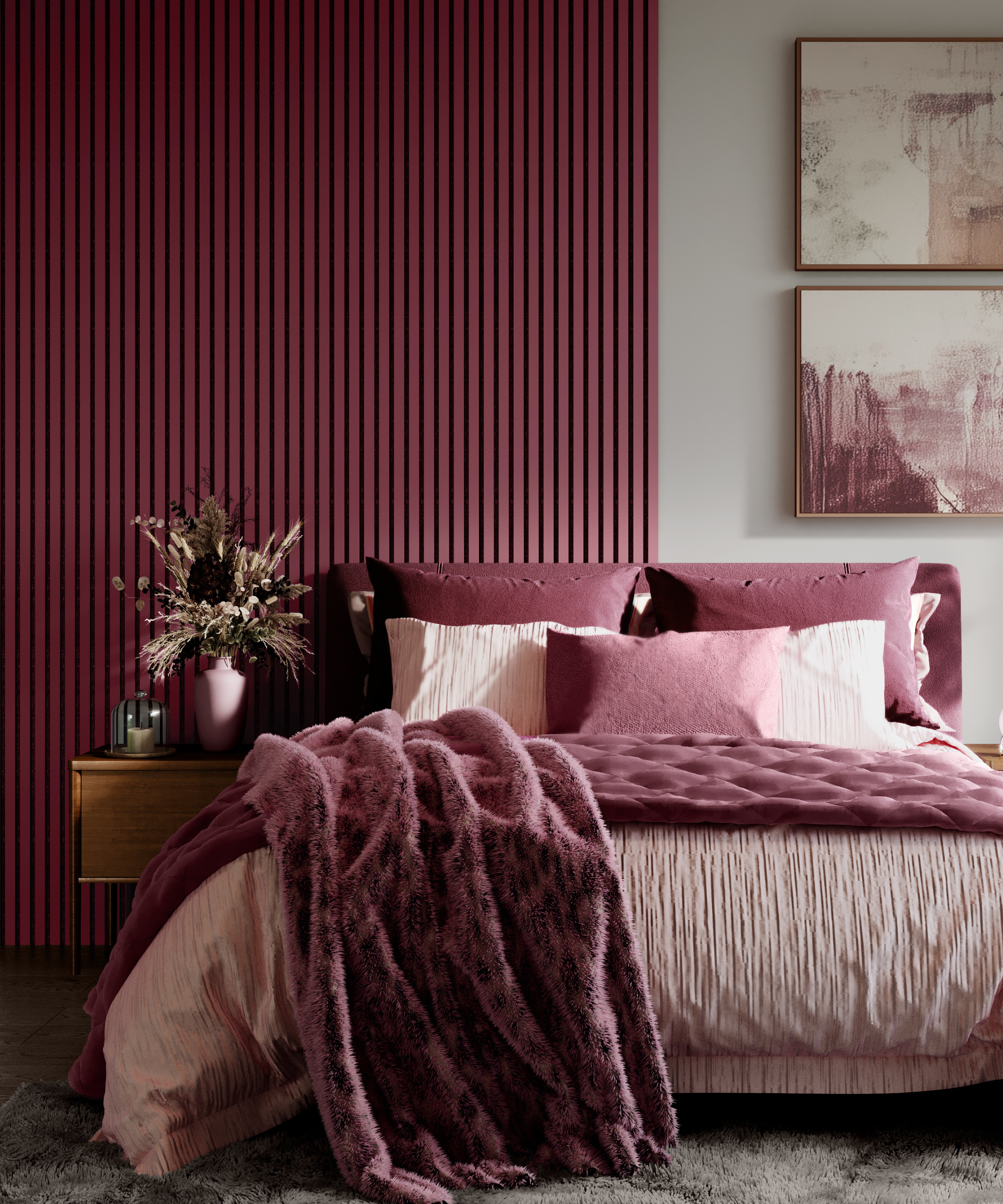 Burgandy slatted panelling on half of the wall behind a burgandy furnished double bed