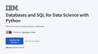 A screenshot of the Coursera website advertising the 'Databases and SQL for Data Science with Python' course