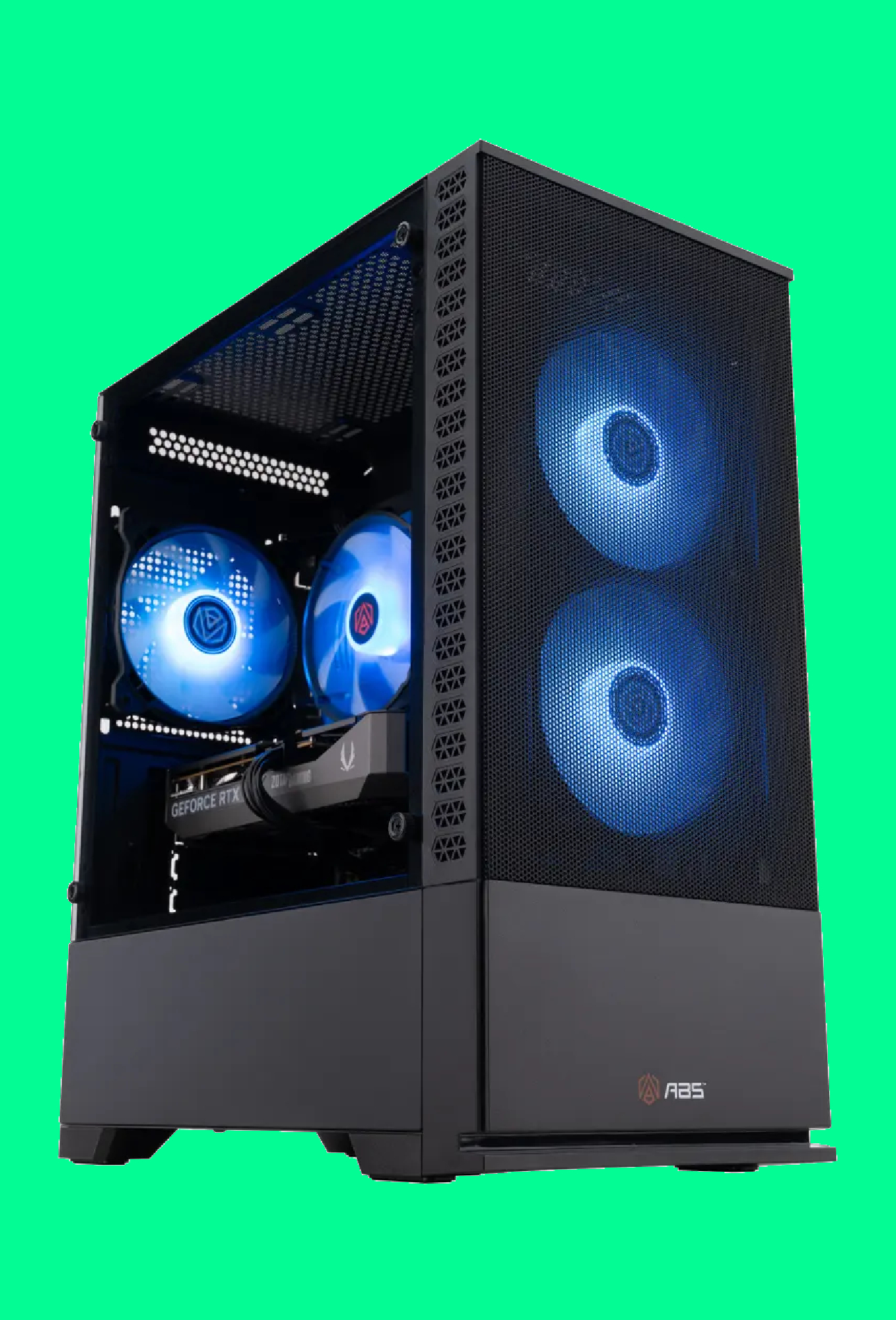 An ABS Cyclone Aqua gaming PC on a green background.