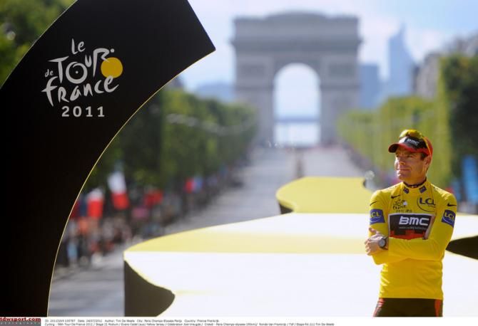 A smile from Cadel Evans (BMC) in 2011 as he contemplates winning the Tour