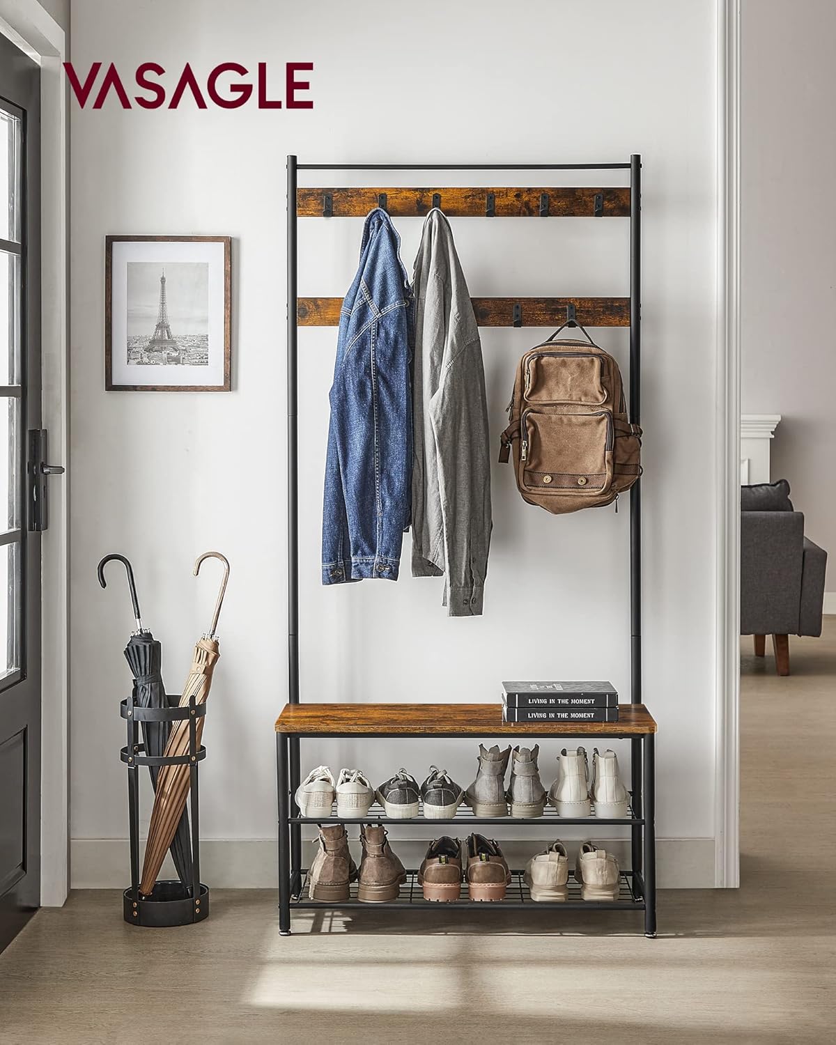 Vasagle Coat Rack, Hallway Cabinet, Cloakroom, Clothes Rack, With Bench and Shoe Shelves, Hooks, Metal Frame, Height 175 Cm, Industrial Style, Rustic Brown and Black Hsr41bx