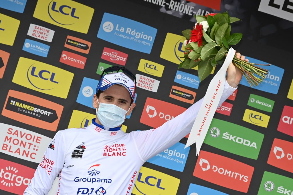 French David Gaudu of GroupamaFDJ celebrates in the white jersey for best young rider after the last stage of the 73rd edition of the Criterium du Dauphine cycling race from La Lechere to Les Gets France Sunday 06 June 2021BELGA PHOTO DAVID STOCKMAN Photo by DAVID STOCKMANBELGA MAGAFP via Getty Images
