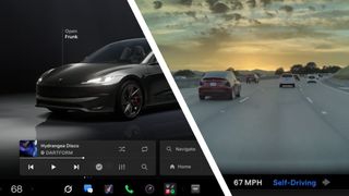 The interface of a Tesla car next to an image of self-driving mode