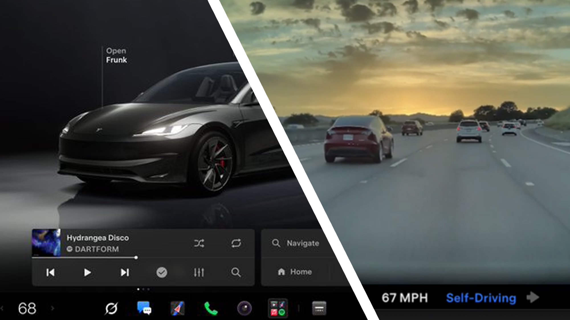 The interface of a Tesla car next to an image of self-driving mode