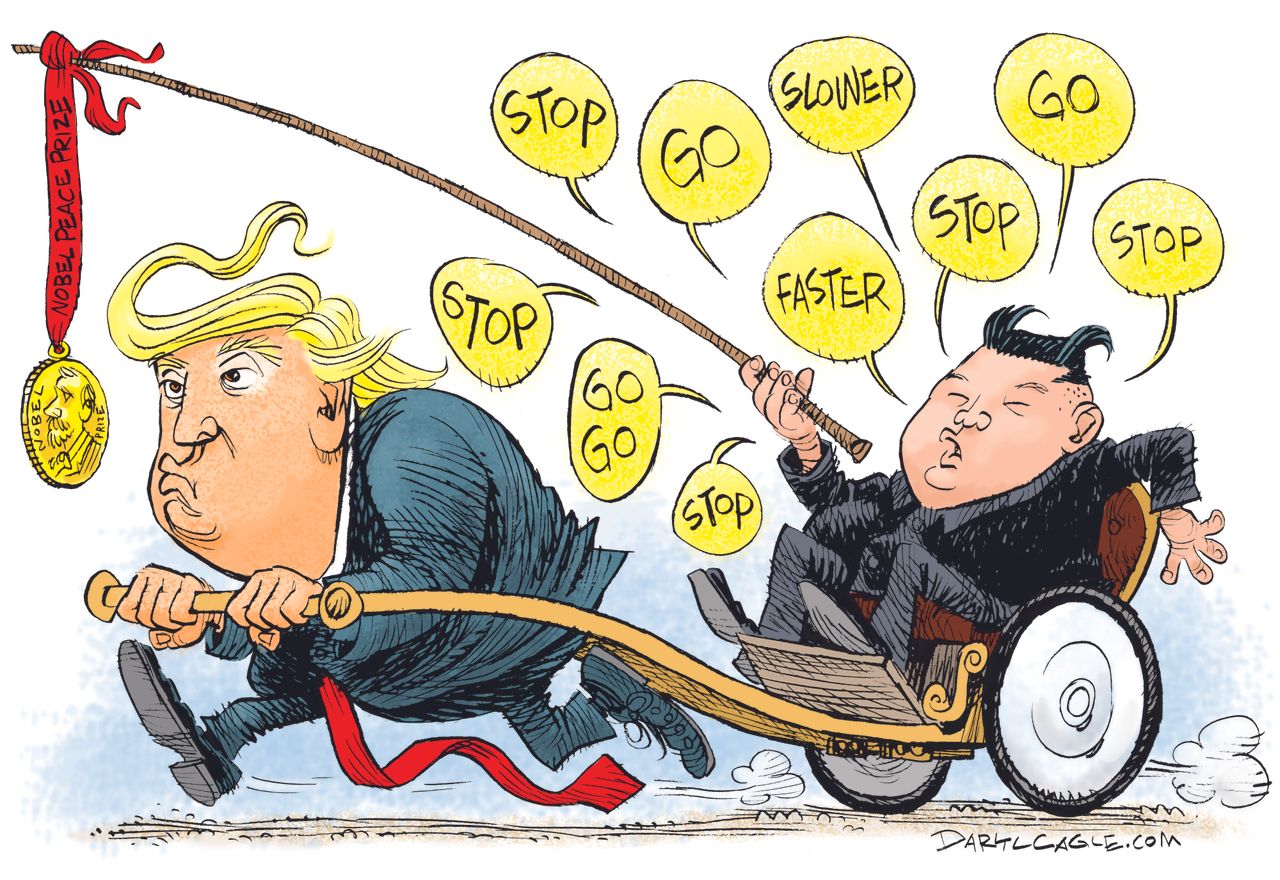 Political cartoon U.S. Trump Korea Summit Kim Jong Un Nobel Prize