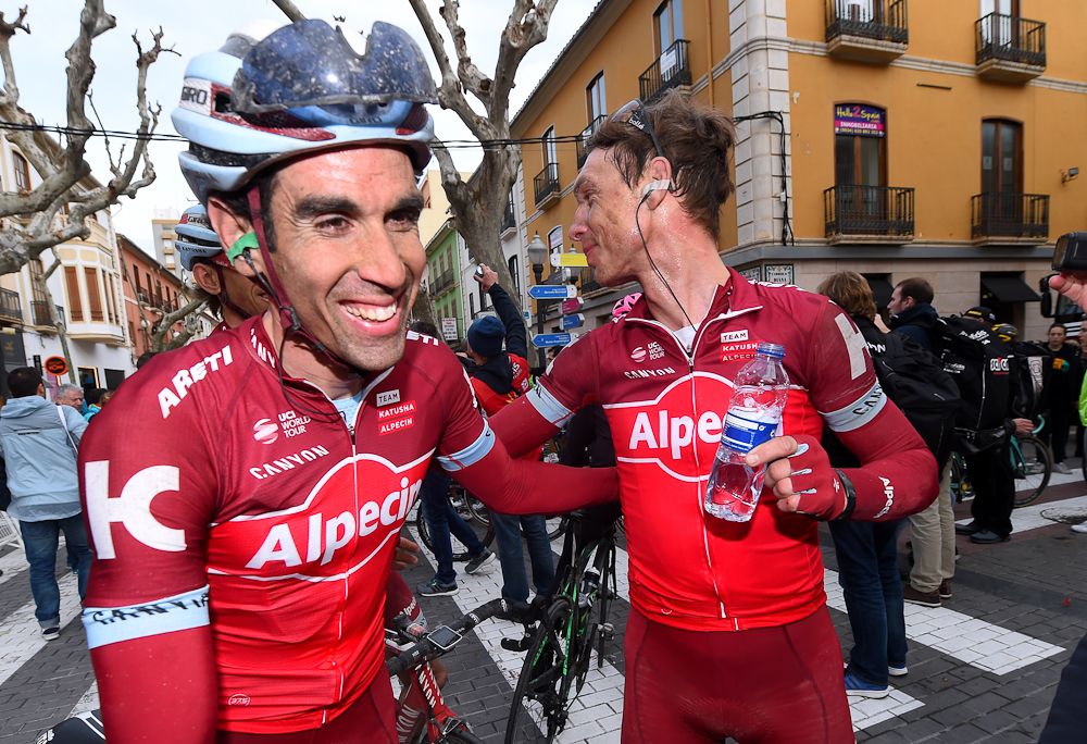 Alberto Losada and Tony Martin celebrate after Martin won stage 2 in Valencia