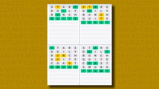 Quordle daily sequence answers for game 847 on a yellow background