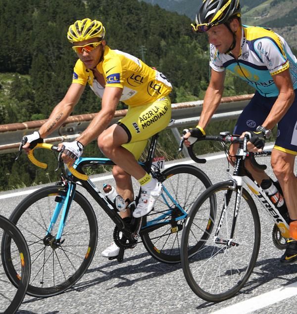 Tour de France race leader Rinaldo Nocentini (AG2R La Mondiale) and Lance Armstrong (Astana).