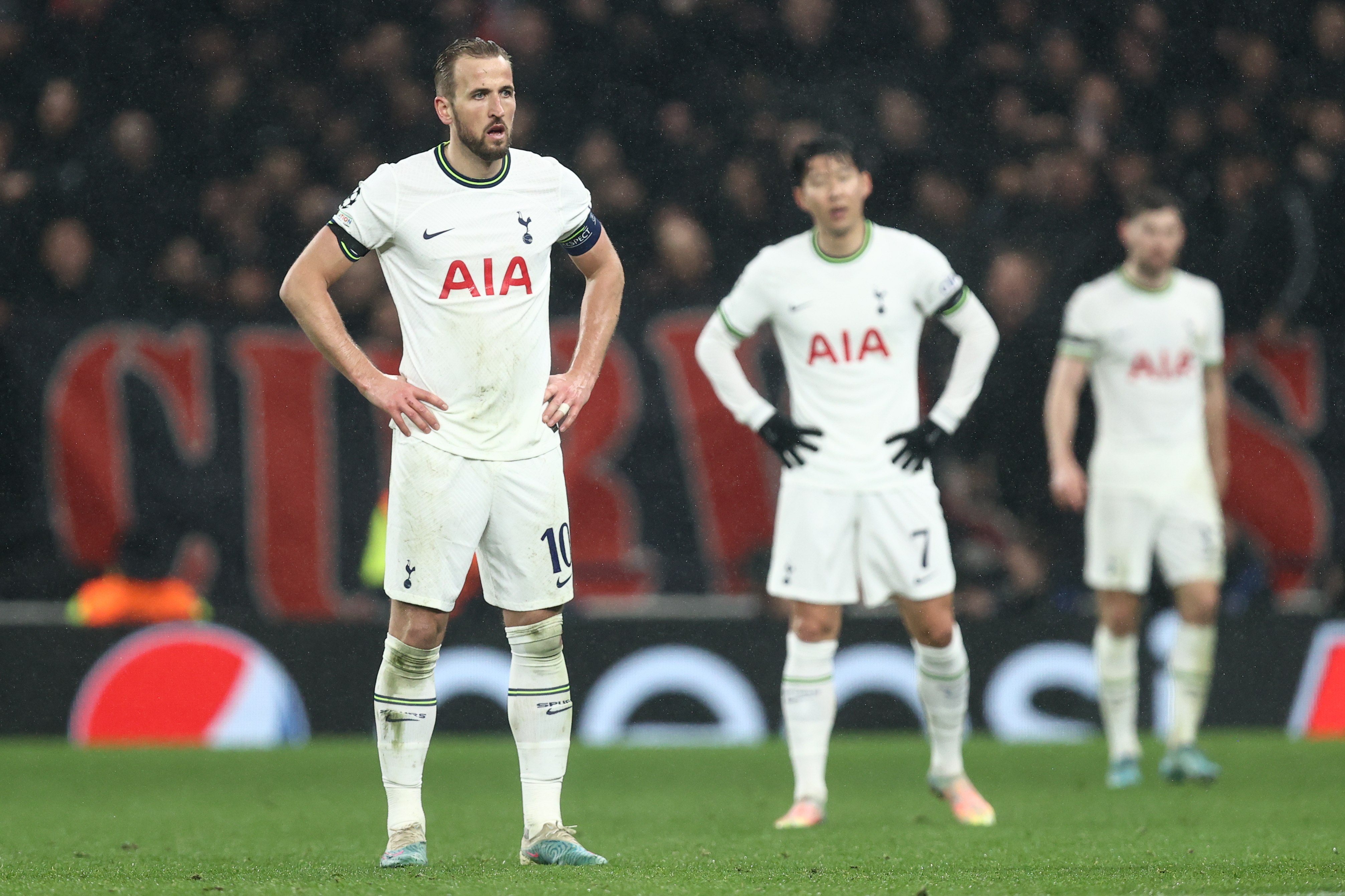 Tottenham's Harry Kane and Son Heung-min look dejected during their team's Champions League last-16 exit to AC Milan in March 2023.