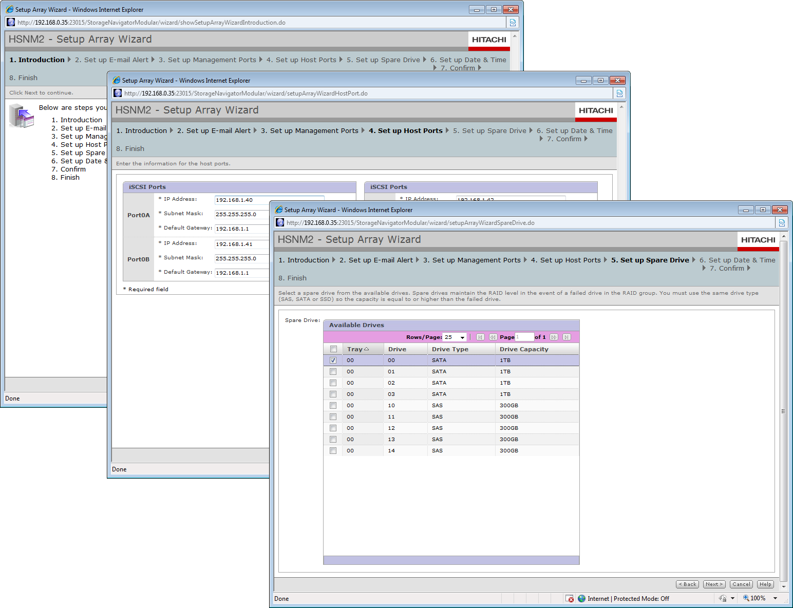 A quick start wizard steps through configuring the four iSCSI data ports and choosing spare drives to cover any failures.