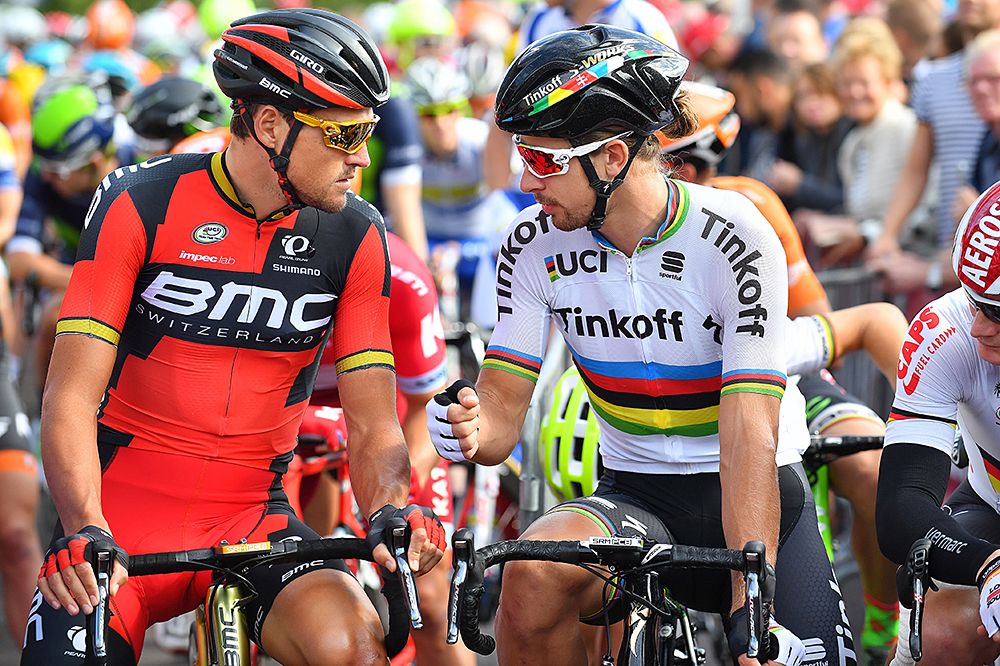 Greg Van Avermaet (BMC), Peter Sagan (Tinkoff) on the start line for the Eneco Tour stage 1