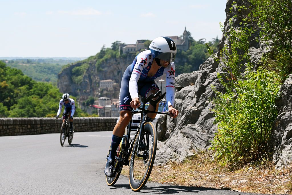 ROCAMADOUR FRANCE JULY 23 Mattia Cattaneo of Italy and QuickStep Alpha Vinyl Team sprints during the 109th Tour de France 2022 Stage 20 a 407km individual time trial from LacapelleMarival to Rocamadour TDF2022 WorldTour on July 23 2022 in Rocamadour France Photo by Dario BelingheriGetty Images