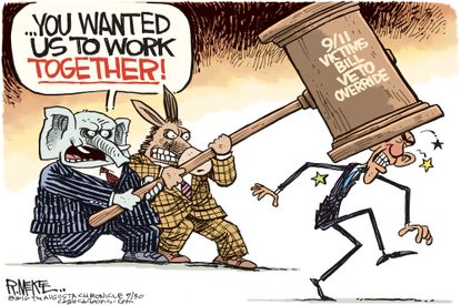 Political cartoon U.S. 9/11 law suit bill veto override Congress