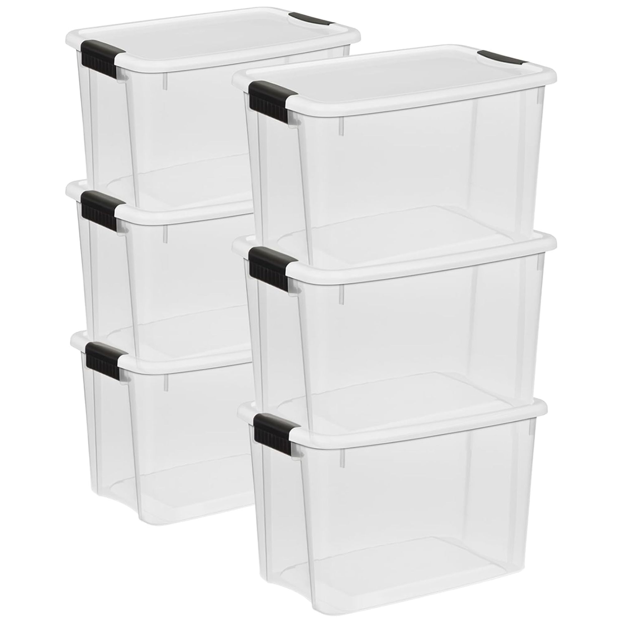 Clear plastic storage bins with black latching lids.