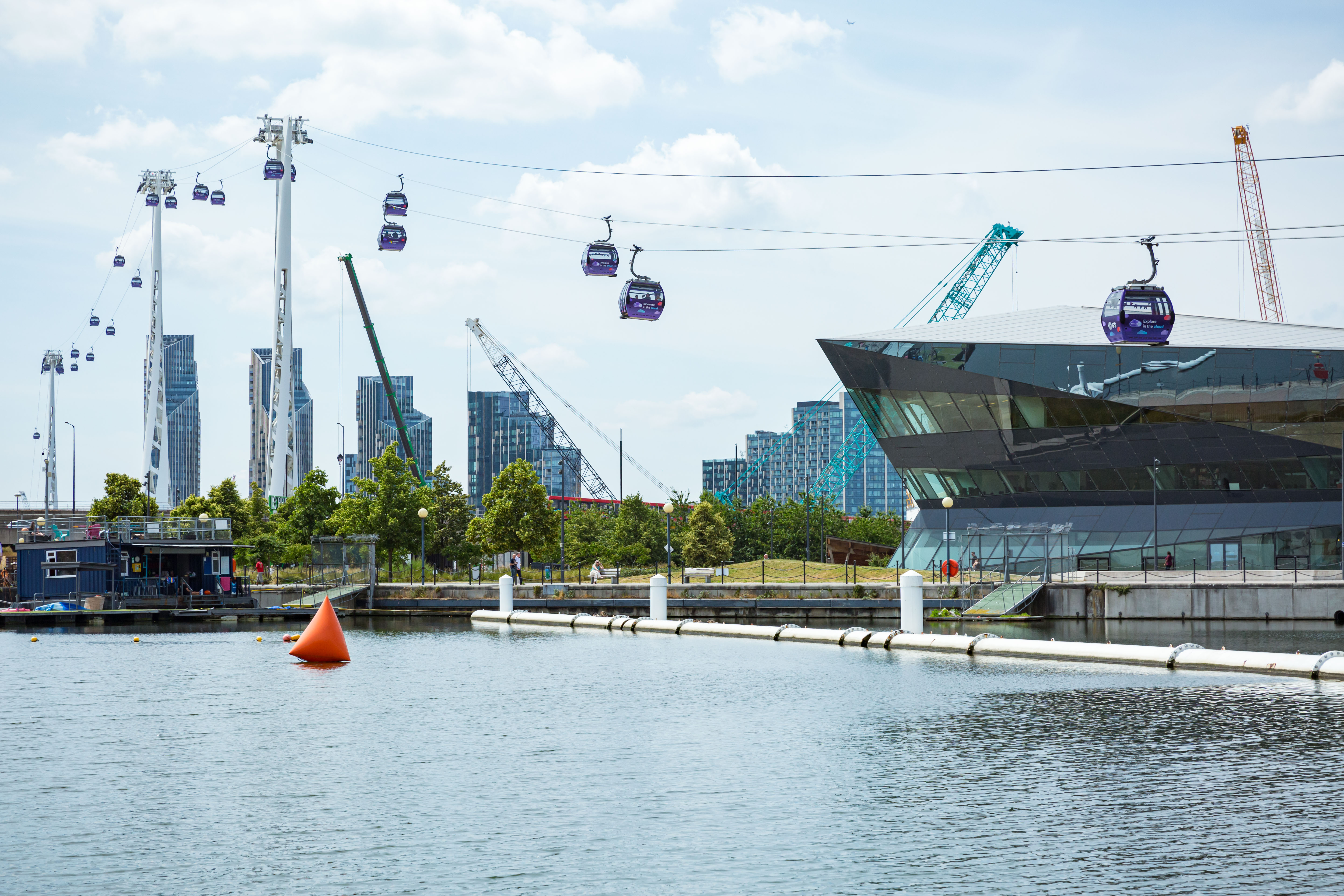 view of Royal Victoria Dock and cable cars in the air