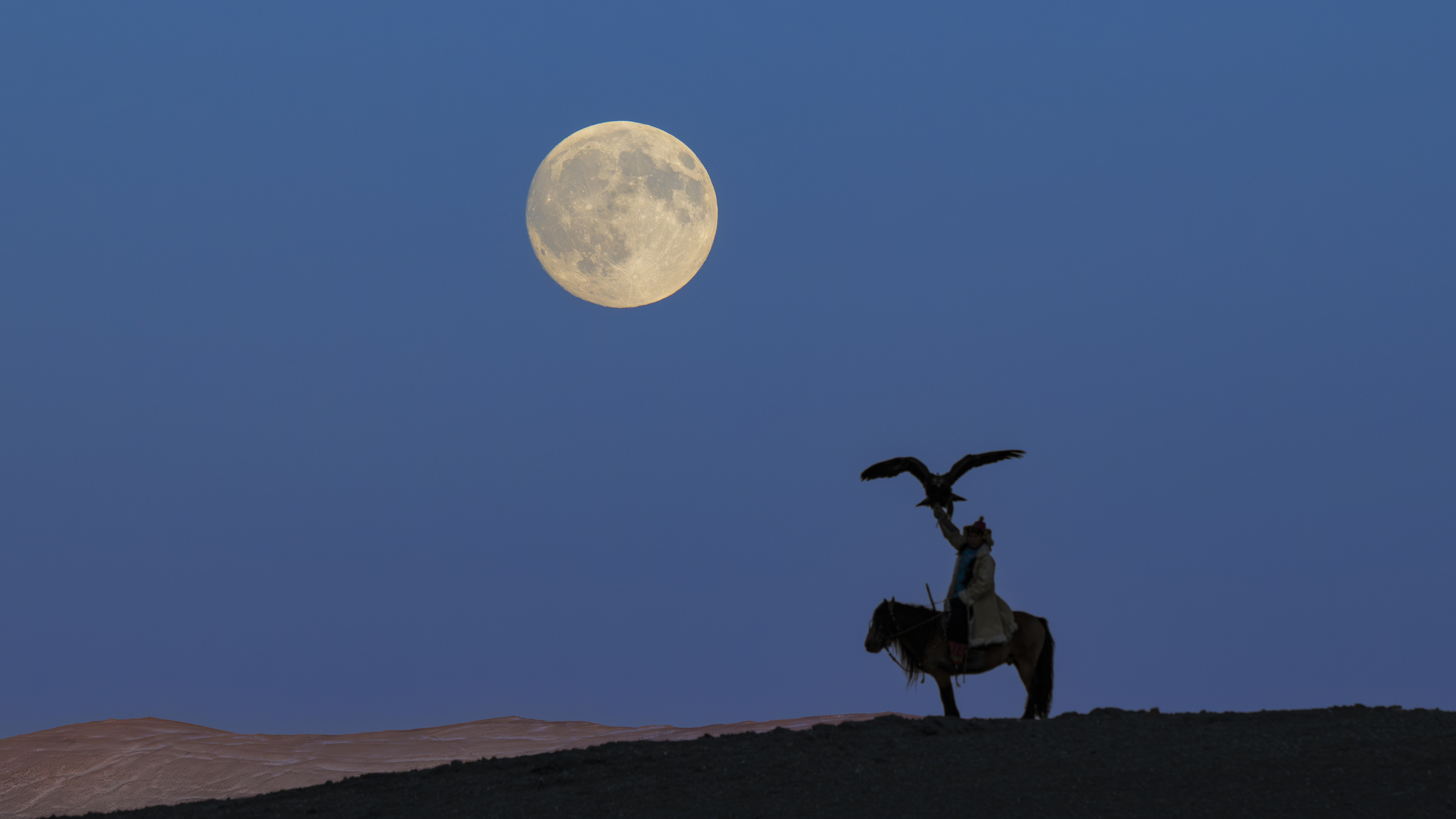 a large full moon in the sky, a man riding a horse holds up an eagle to the sky.
