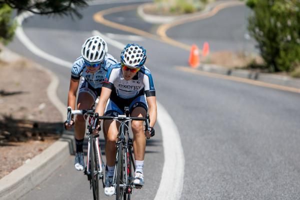 Kristin McGrath (Exergy) leads on the front before her win.